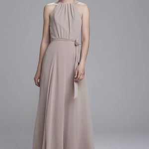 Amsale chiffon draped beige dress